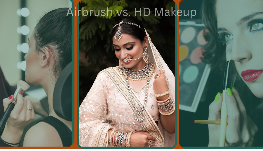 Bride with airbrush makeup vs HD makeup look side-by-side comparison for wedding day beauty.