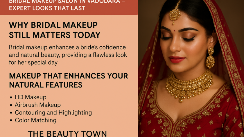 Indian bride with traditional bridal makeup, red lehenga, and gold jewelry at The Beauty Town Unisex Salon & Makeup Studio in Vadodara