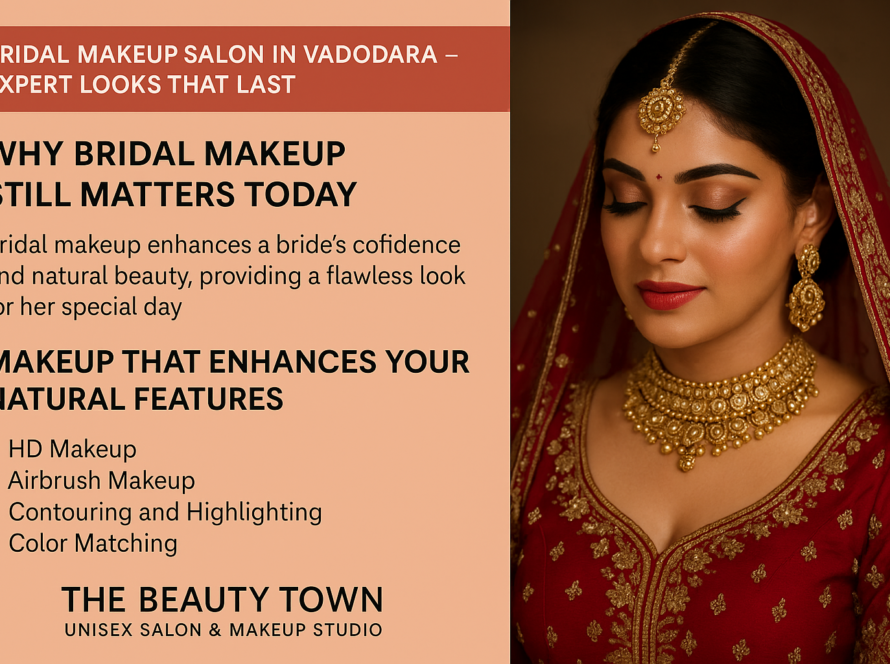 Indian bride with traditional bridal makeup, red lehenga, and gold jewelry at The Beauty Town Unisex Salon & Makeup Studio in Vadodara
